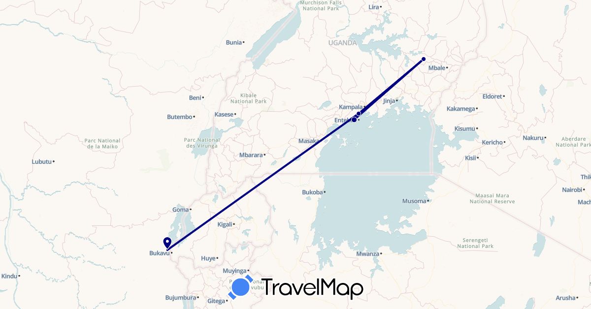 TravelMap itinerary: driving in Democratic Republic of the Congo, Uganda (Africa)